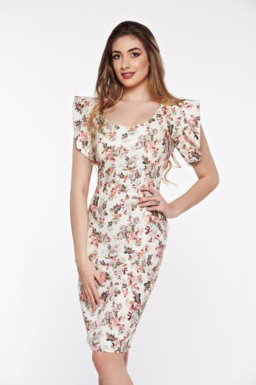 Rochie PrettyGirl crem eleganta tip creion din bumbac usor elastic cu decolteu rotunjit