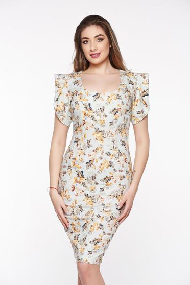 Rochie PrettyGirl albastra-deschis eleganta tip creion din bumbac usor elastic cu decolteu rotunjit