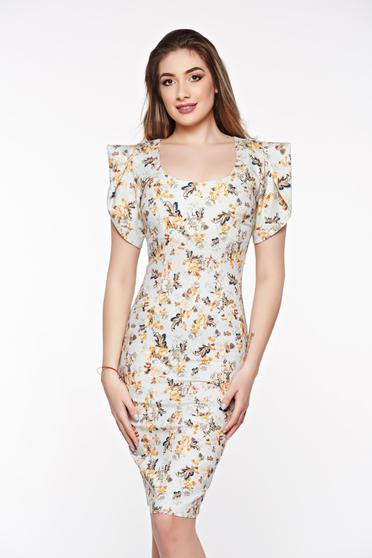 Rochie PrettyGirl albastra-deschis eleganta tip creion din bumbac usor elastic cu decolteu rotunjit