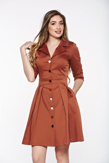 Rochie PrettyGirl maro office din material usor elastic cu decolteu in v cu buzunare