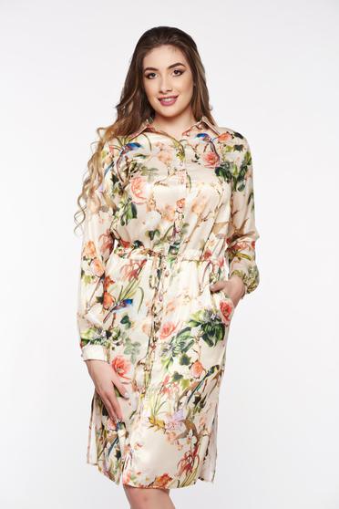Rochie PrettyGirl crem eleganta din material satinat captusita pe interior cu snur in talie