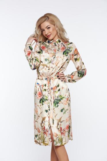 Rochie PrettyGirl crem eleganta din material satinat captusita pe interior cu snur in talie