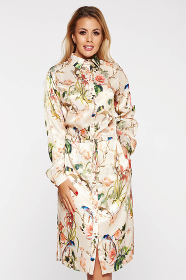 Rochie PrettyGirl crem eleganta din material satinat captusita pe interior cu snur in talie