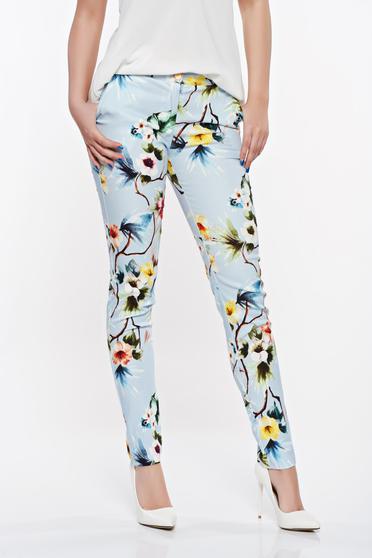 Pantaloni PrettyGirl albastri deschis eleganti conici din bumbac cu talie medie si buzunare