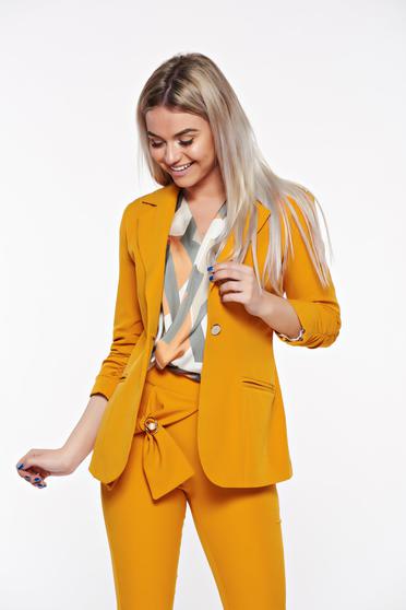 Sacou PrettyGirl mustariu office cambrat din stofa neelastica captusit pe interior cu buzunare