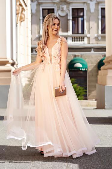 Rochie StarShinerS piersica de ocazie din tul captusita pe interior cu aplicatii florale cu efect 3D