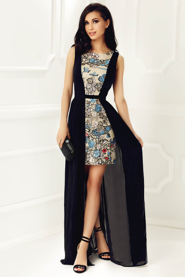 Rochie StarShinerS neagra de ocazie din material neelastic captusita pe interior cu insertii de broderie si paiete