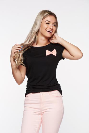 Tricou Ocassion negru casual din bumbac cu croi larg accesorizat cu o fundita