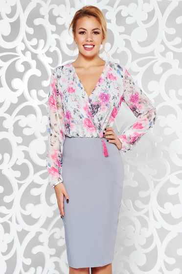 Rochie StarShinerS gri eleganta tip creion din stofa subtire usor elastica cu decolteu adanc