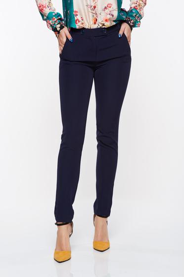Pantaloni PrettyGirl albastri-inchis office conici din stofa usor elastica cu talie medie si buzunare