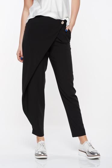 Pantaloni PrettyGirl negri eleganti cu talie medie din material vaporos cu buzunare