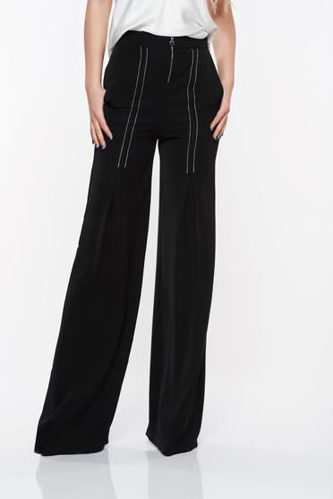 Pantaloni PrettyGirl negri eleganti evazati cu talie inalta din material vaporos cu buzunare