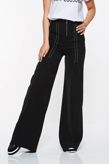 Pantaloni PrettyGirl negri eleganti evazati cu talie inalta din material vaporos cu buzunare