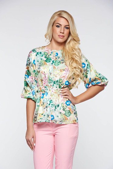 Bluza dama PrettyGirl verde-deschis eleganta eleganta din material satinat si vaporos cu maneci bufante si peplum