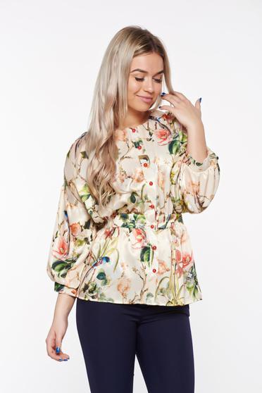 Bluza dama PrettyGirl crem eleganta din material satinat si vaporos cu maneci bufante si peplum