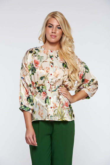 Bluza dama PrettyGirl crem eleganta din material satinat si vaporos cu maneci bufante si peplum