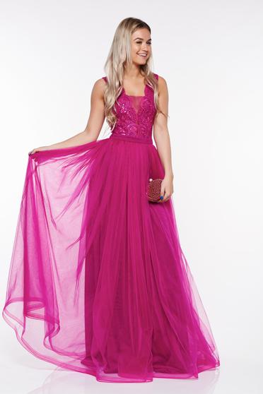 Rochie LaDonna fuchsia de ocazie din tul captusita pe interior cu aplicatii de dantela cu paiete