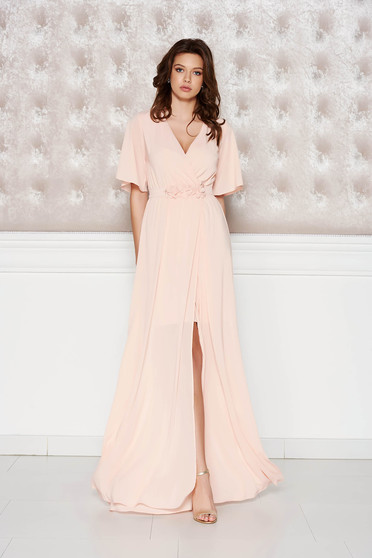Rochie StarShinerS piersica de ocazie din voal captusita pe interior cu elastic in talie