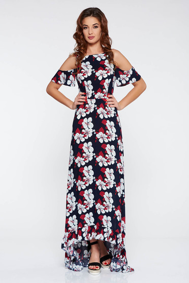 Rochie StarShinerS albastra-inchis de zi asimetrica cu umeri decupati din material subtire cu imprimeuri florale