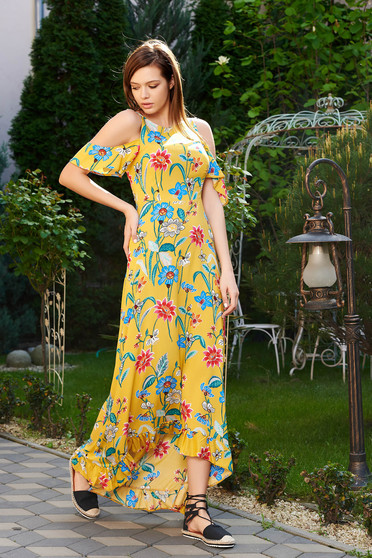 Rochie StarShinerS galbena de zi asimetrica cu umeri decupati din material subtire cu imprimeuri florale