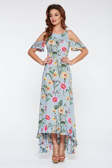 Rochie StarShinerS gri de zi asimetrica cu umeri decupati din material subtire cu imprimeuri florale