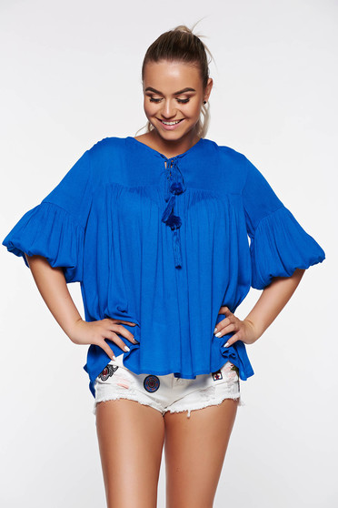 Bluza dama Top Secret albastra casual cu croi larg din material vaporos accesorizata cu snur