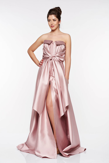 Rochie LaDonna rosa de ocazie asimetrica din material satinat cu umeri goi