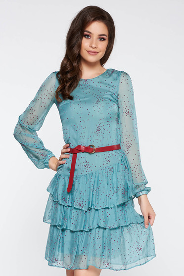 Rochie StarShinerS albastra-deschis eleganta din matase naturala captusita pe interior cu volanase