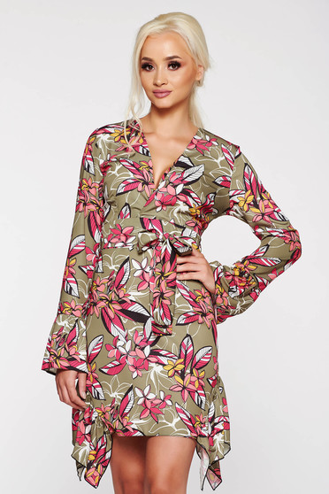 Rochie PrettyGirl khaki de zi asimetrica din material vaporos si satinat accesorizata cu cordon