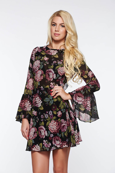 Rochie PrettyGirl neagra de zi din material vaporos si transparent captusita pe interior cu maneci clopot