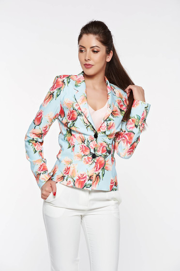 Sacou PrettyGirl albastru office cambrat din material usor elastic captusit pe interior