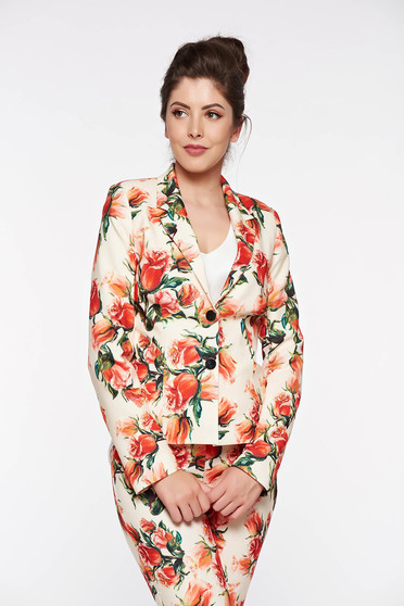 Sacou PrettyGirl crem office cambrat din material usor elastic captusit pe interior
