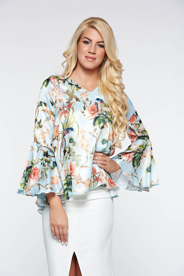 Bluza dama PrettyGirl albastra eleganta cu croi larg cu maneci clopot din material vaporos cu aspect satinat