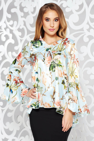 Bluza dama PrettyGirl albastra eleganta cu croi larg cu maneci clopot din material vaporos cu aspect satinat