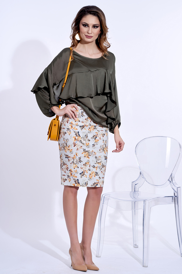 Bluza dama PrettyGirl khaki eleganta cu croi larg din material vaporos cu aspect satinat