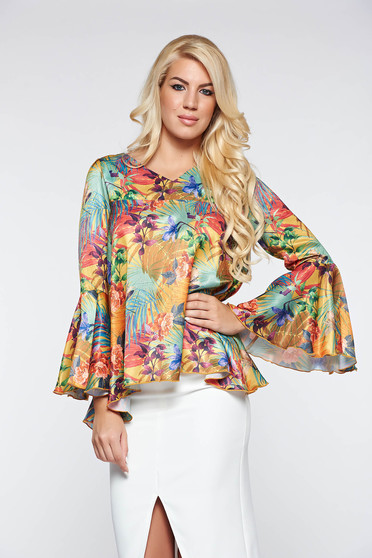Bluza dama PrettyGirl maro eleganta cu croi larg cu maneci clopot din material vaporos cu aspect satinat