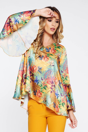 Bluza dama PrettyGirl maro eleganta cu croi larg cu maneci clopot din material vaporos cu aspect satinat
