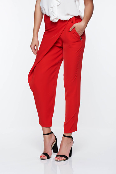 Pantaloni PrettyGirl rosii eleganti cu talie medie din material vaporos cu buzunare