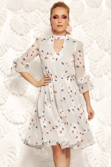 Rochie Fofy gri eleganta din material vaporos si transparent captusita pe interior cu elastic in talie