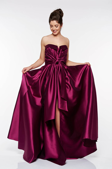 Rochie LaDonna mov de ocazie asimetrica din material satinat cu umeri goi