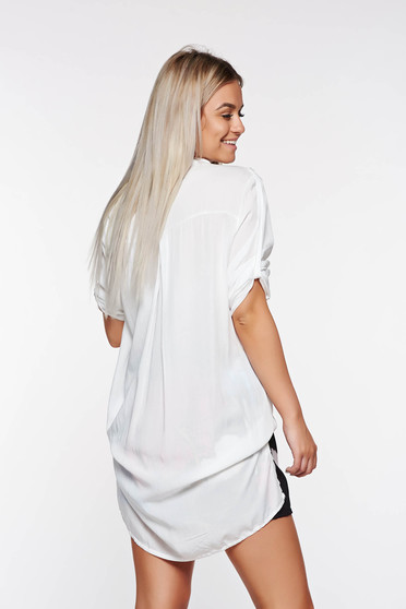 Camasa dama SunShine alba casual cu croi larg din material neelastic din material vaporos cu buzunare in fata