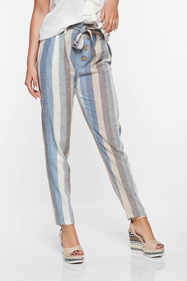 Pantaloni SunShine albastri deschis casual cu buzunare conici din material neelastic cu talie inalta
