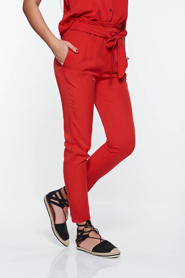 Pantaloni SunShine rosii casual cu talie inalta din material neelastic cu buzunare