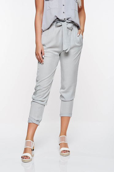 Pantaloni SunShine gri casual cu talie inalta din material neelastic cu buzunare