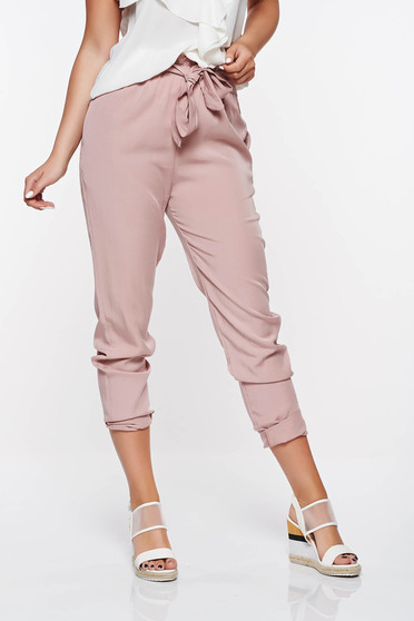 Pantaloni SunShine rosa casual cu talie inalta din material neelastic cu buzunare