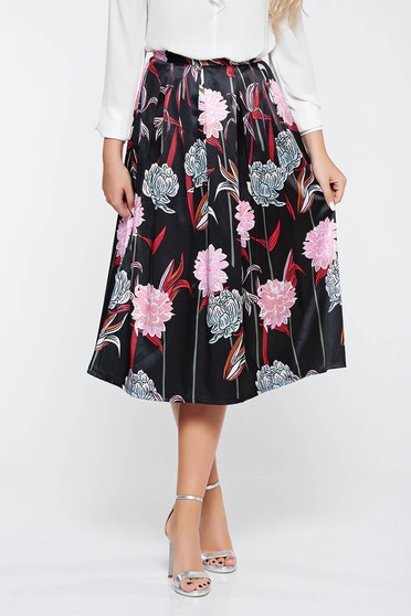 Fusta SunShine neagra eleganta in clos din material satinat cu talie inalta