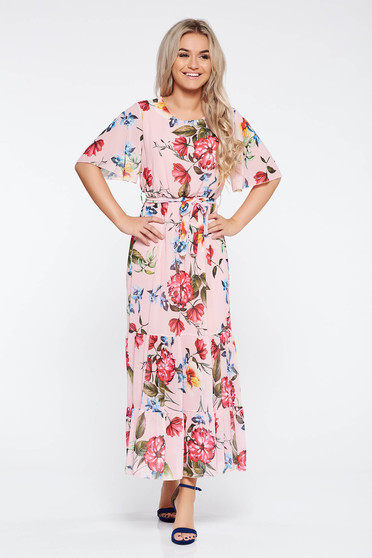 Rochie SunShine rosa de zi din material vaporos si transparent captusita pe interior cu elastic in talie