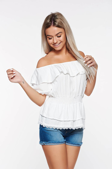 Bluza dama SunShine alba casual cu elastic in talie din material neelastic cu aplicatii de dantela