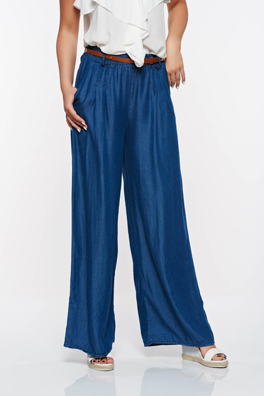 Pantaloni SunShine albastri casual evazati din denim cu talie inalta cu elastic in talie si buzunare