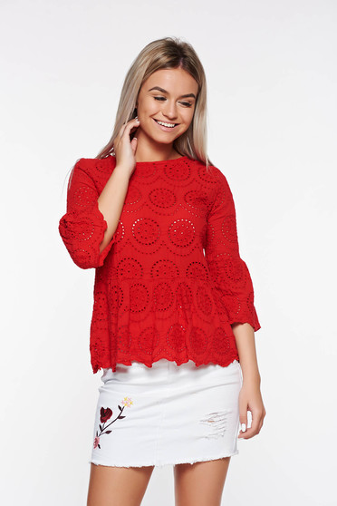 Bluza dama SunShine rosie casual cu croi larg din in cu maneci clopot
